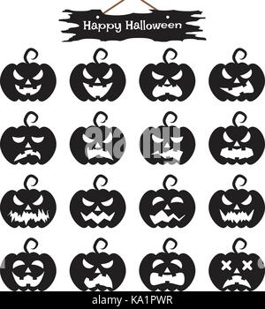 Vector Easy-To-Use 16 Flat Emoticons Of Black Pumpkin As Silhouette Different Facial Expressions On White Background With  Happy Halloween Plank Stock Vector