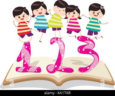 happy Kids Playing with number and on book Stock Vector