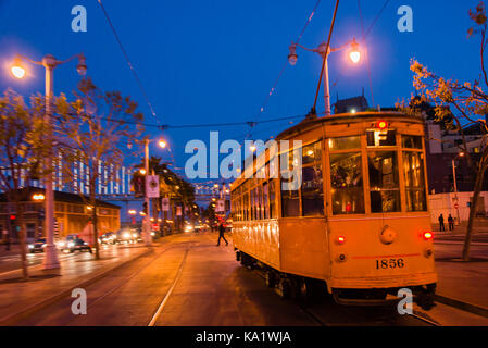 Late evening streetcar on Embarcadero, San Francisco, California Stock Photo