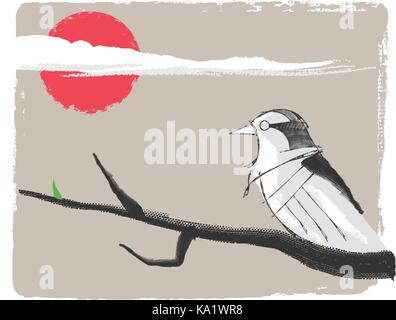 Hand drawn vector illustration or watercolor ink drawing of a bird on a branch in oriental style with sketch look Stock Vector