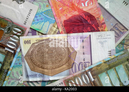 Macedonian denar money banknotes stacked and photographed from above. Stock Photo