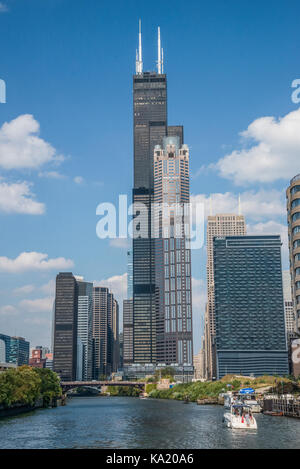 Chicago skyline and Willis-Sear Tower seen from the Chicago river Stock Photo