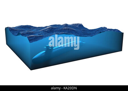 Cross section of clean ocean water isolated on white background. 3D render illustration. Stock Photo