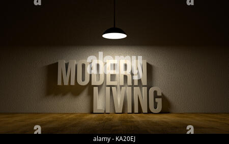 Modern living. Two 3D words on the floor in the empty room under the lighting lamp. Stock Photo