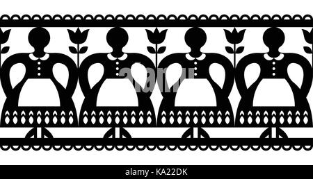 Polish Folk art vector cutout pattern with women, Kurpie Papercuts seamless design - Wycinanka Kurpiowska Stock Vector