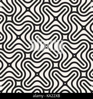 Vector Seamless Black And White Lines Pattern Abstract Background. Cross Shapes Geometric Tiling Ornament. Stock Vector