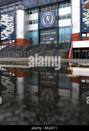 A general view of the main entrance of Hampden Park, Glasgow. PRESS ASSOCIATION Photo. Picture date: Monday September 25, 2017. See PA story SOCCER Scotland. Photo credit should read: Jane Barlow/PA Wire. RESTRICTIONS: Use subject to Scottish FA restrictions. Editorial use only. Commercial use only with prior written consent of the Scottish FA. No editing except cropping.