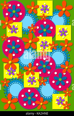 Geometric shapes in yellow, pink and blue cover purple background image.  Orange Flowers have yellow centers and blue flowers have green centers. Stock Photo