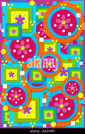 Geometric shapes of circles, squares fill background image.  Cool colors of green, blue, pink and orange are layered on a purple background. Stock Photo