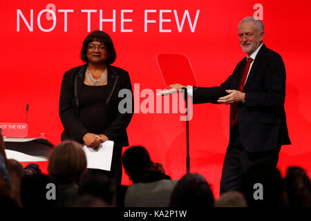 Brighton, UK. 24th September, 2017. Jeremy Corbyn, leader of Britain's opposition Labour party congratulates Diane Abbott, Shadow Home Secretary, after her speech during the annual Labour Party Conference in Brighton, UK Sunday, September 24, 2017. Photograph : Credit: Luke MacGregor/Alamy Live News Stock Photo