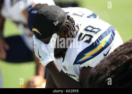 Carson, Ca. 24th Sep, 2017. Los Angeles Chargers linebacker Nigel Harris #58 praying before the NFL Kansas City Chiefs vs Los Angeles Chargers at Stubhub Center in Carson, Ca on September 24, 2017. (Absolute Complete Photographer & Company Credit: Jevone Moore/MarinMedia.org/Cal Sport Media (Network Television please contact your Sales Representative for Television usage. Credit: csm/Alamy Live News Stock Photo