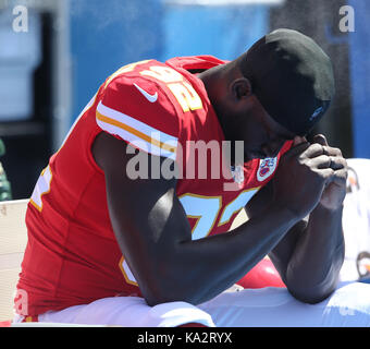 Carson, Ca. 24th Sep, 2017. Kansas City Chiefs linebacker Tanoh Kpassagnon #92 collects his thoughts as he sits during the National Anthem before the NFL Kansas City Chiefs vs Los Angeles Chargers at Stubhub Center in Carson, Ca on September 24, 2017. (Absolute Complete Photographer & Company Credit: Jevone Moore/MarinMedia.org/Cal Sport Media (Network Television please contact your Sales Representative for Television usage. Credit: csm/Alamy Live News Stock Photo