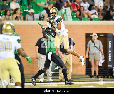 September 23, 2017: .UAB Blazers wide receiver Ronnie Turner Jr. (8) catches a pass as North Texas Mean Green defensive back Kemon Hall (16) defends during an NCAA Football game between the Univerisity Alabama Birmingham Blazers and the North Texas Mean-Green Eagles at Apogee Stadium in Denton, Texas. Manny Flores/CSM Stock Photo