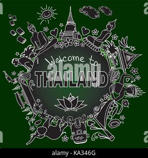 Welcome to Thailand . Set Thai color vector icons and symbols ,white on dark background, vector illustration Stock Vector