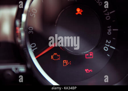 Many different car dashboard lights in closeup Stock Photo