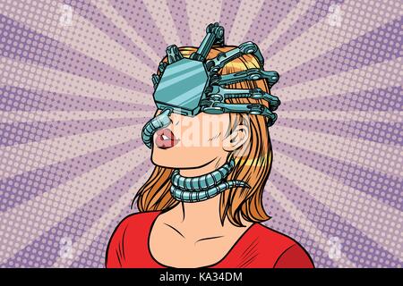 woman in a virtual reality, dangerous parasite helmet Stock Vector