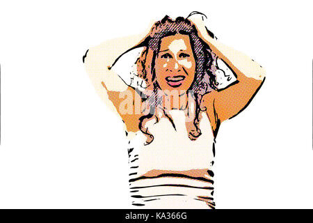 portrait of scared mature woman looking puzzled and surprised with open mouth as she is shouting while hands are holding head, isolated on white backg Stock Photo