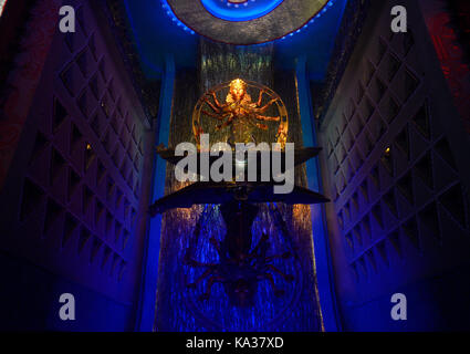 Kolkata, India. 24th Sep, 2017. View of Goddess Durga idol at Shibmandir Durga Puja ahead of Durga Puja festival in Kolkata. Community Durga Puja pandal or temporary stage and Durga Idols are decorated ahead of Durga Puja festival on September 24, 2017 in Kolkata. The annual five days festival begins on September 26 and worship Goddess Durga who symbolized power and the triumph of good over evil in Hindu mythology. Credit: Saikat Paul/Pacific Press/Alamy Live News Stock Photo