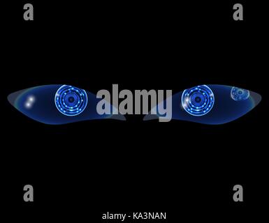 two shiny technological neon HUD eyes on a black background. illustration Stock Vector