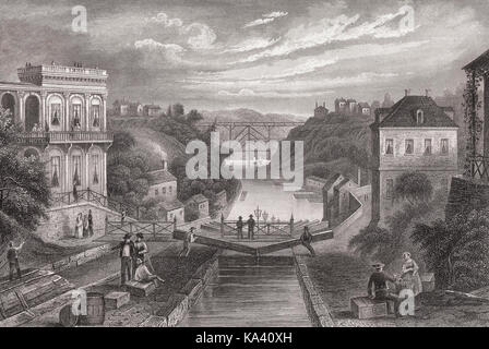 Lithograph of the Erie Canal at Lockport, New York c.1855 Stock Photo
