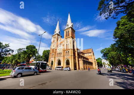 Notre Dame Cathedral (Vietnamese: Nha Tho Duc Ba), build in 1883 in Ho Chi Minh city, Vietnam. The church is established by French colonists. Stock Photo