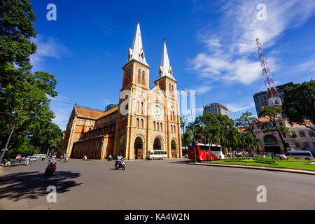 Notre Dame Cathedral (Vietnamese: Nha Tho Duc Ba), build in 1883 in Ho Chi Minh city, Vietnam. The church is established by French colonists. Stock Photo