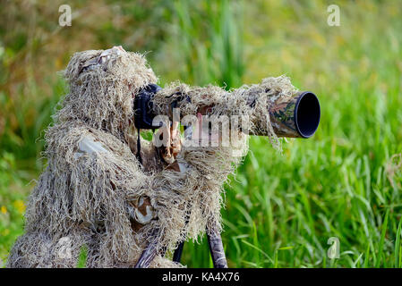 Camouflage wildlife photographer in the ghillie suit working in the wild Stock Photo