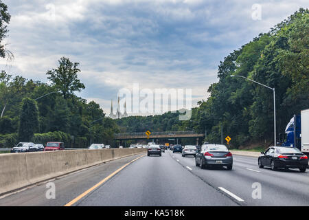 Kensington, USA - September 16, 2017: Highway with Church of Jesus Christ of Latter-day Saints Mormon Temple in the distance by Washington DC in Maryl Stock Photo