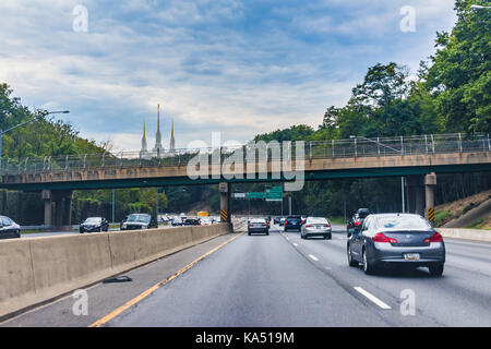 Kensington, USA - September 16, 2017: Highway with Church of Jesus Christ of Latter-day Saints Mormon Temple in the distance by Washington DC in Maryl Stock Photo