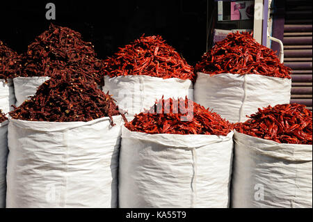 red chilli in sacks kept for selling, mumbai, maharashtra, India, Asia Stock Photo