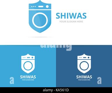 Vector of laundry and shield logo combination. Washing machine and security symbol or icon. Unique washer and guard logotype design template. Stock Vector