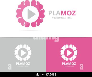 Vector brain and button play logo combination. Education and record symbol or icon. Unique science and audio, video logotype design template. Stock Vector