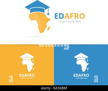 Vector africa and graduate hat logo combination. Safari and study symbol or icon. Unique geography, continent and college logotype design template. Stock Vector