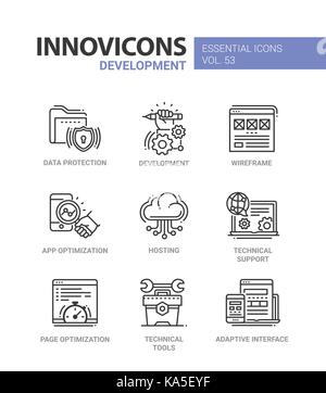 Web Page Development - modern essential vector line design icons set. Data protection, hand, wireframe, app optimization, mobile device, hosting, clou Stock Vector