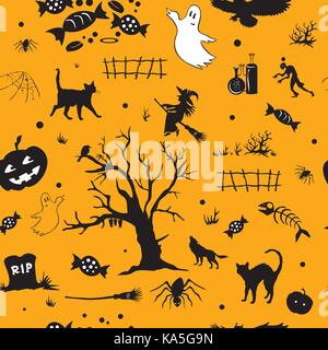 Halloween vector seamless pattern with ghost, tomb, black cat, candy, tree, spider, pumpkin, witch, on orange background Stock Vector