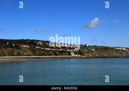 View of West Bay Road across sea from Harbour Arm, Folkestone, Kent, England, United Kingdom Stock Photo