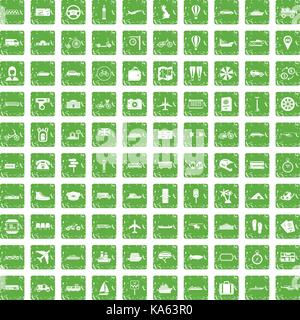 100 public transport icons set grunge green Stock Vector
