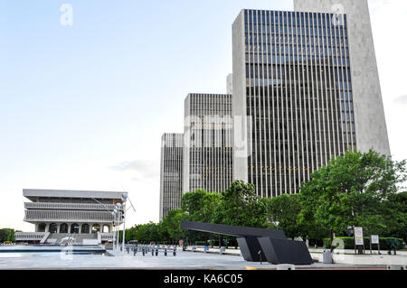 Government buildings flanking the Governor Nelson A. Rockefeller Empire State Plaza in downtown Albany, New York, USA. Stock Photo