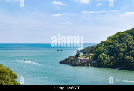 Dartmouth Castle where the River Dart breaks into the sea from the Kingswear shore. Stock Photo