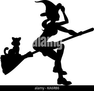 Silhouette Halloween Witch Flying On Broomstick Stock Vector