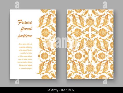 Arabesque vintage decor ornate pattern for design template vector. Eastern motif. Oriental Floral Border with place for text. Gold white flowers for s Stock Vector