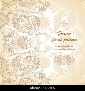 Arabesque vintage decor ornate pattern for design template vector. Eastern motif. Oriental Floral Border with place for text. Gold white flowers for s Stock Vector