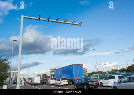 Average speed cameras outside Hatton Cross Tube station on the A30 Great South West Road, London, UK. Stock Photo