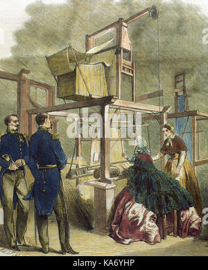 France. Lyon. The Empress Eugenie de Montijo (1826-1920), wife of Napoleon III Bonaparte (1808-1873), weaves with a wooden loom in the Chamber of Commerce. Engraving. 'L'Illustration, Journal Universel', 1860. Stock Photo