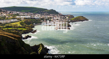 Seaside town of Ilfracombe in North Devon, England. Panoramic view from high cliffs on the South West coast path. Stock Photo