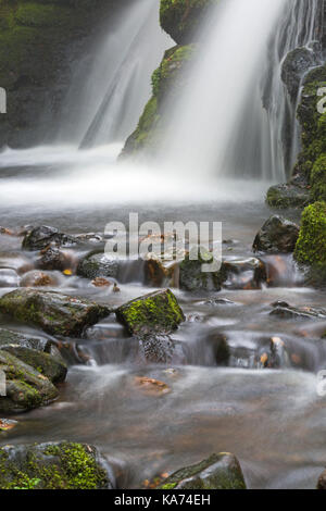 Venford Falls, double cascade waterfall amongst gorge of luxuriant ferns and mosses in Dartmoor National Park, Devon, UK in September Stock Photo