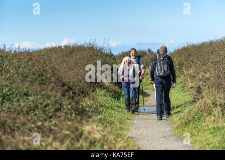 Walking - walkers on the South West Coast Path running through Reskajeage Downs on North Cliffs in Cornwall. Stock Photo