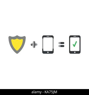 Vector illustration security concept of green and yellow shield guard plus black smartphone equals smart phone with green check mark icons on white ba Stock Vector