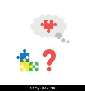 Vector illustration puzzle icon concept with red question mark and blue, yellow, green and missing piece of red puzzle in grey thought bubble on white Stock Vector