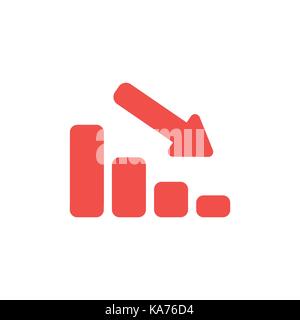 Flat design style vector illustration concept of red sales bar chart icon with an arrow pointing down on white background. Stock Vector